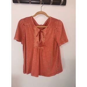 EUC Lucky Brand embroidered peasant style short sleeves, faded brick color, Med